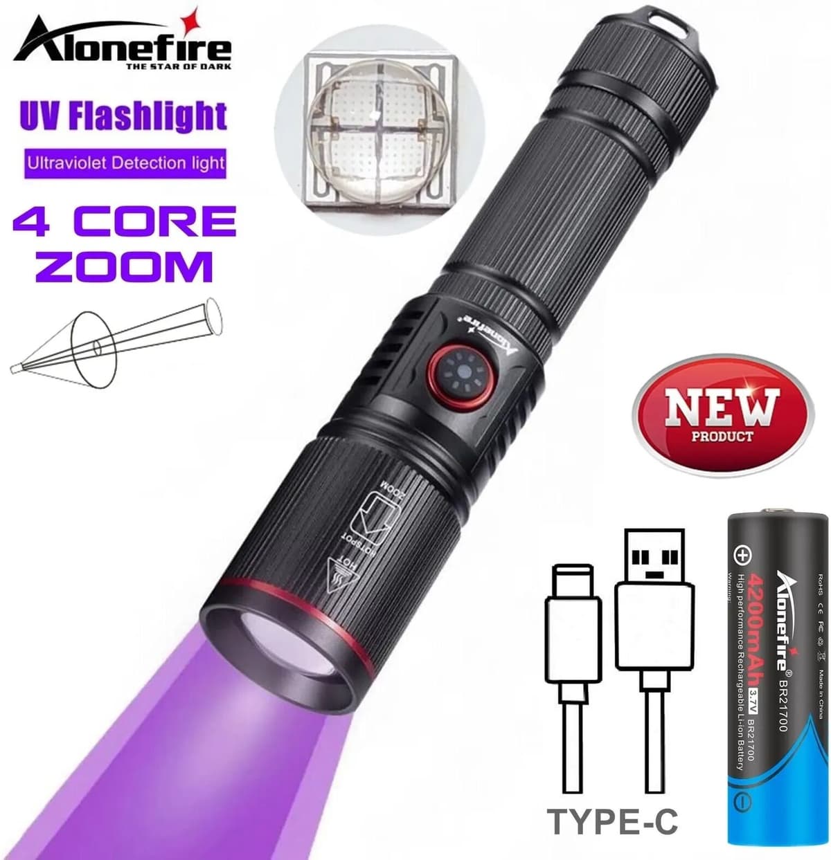 Alonefire Zoom 20W LED High Power UV Flashlight 365/395nm Invisible Ink Marker Cat Dog Urine Tinea Ore Money Scorpion Fluorescence Light