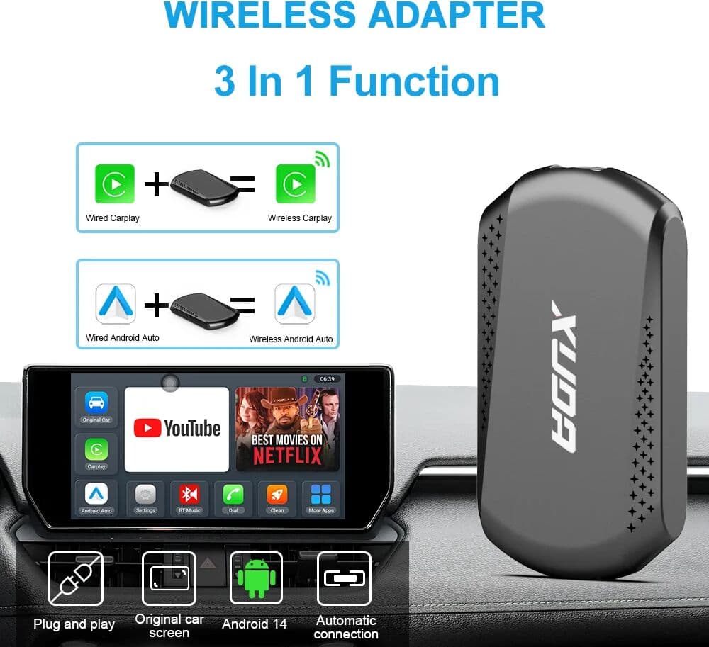 XUDA Mini Ai Box 4 Core 4+64GB Android 14.0 Support Netflix YouTube Wireless Carplay Suitable for 99% of cars with wired Carplay