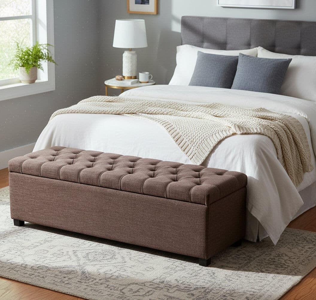R&M Furnishers Linoso Chesterfield Storage Ottoman Bench, Tufted Upholstered Footstool with Hinged Lid and Square Wooden Legs Truffle Linoso 45cm H x 120cm W x 40cm D