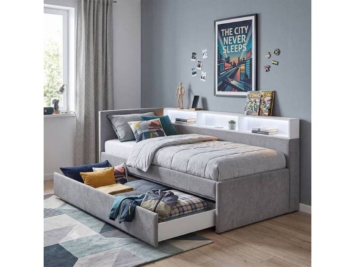 Polsterbett Nalea Komfort Velours mit Bettschublade und Beleuchtung 120x200 cm Hellgrau modern, Mit