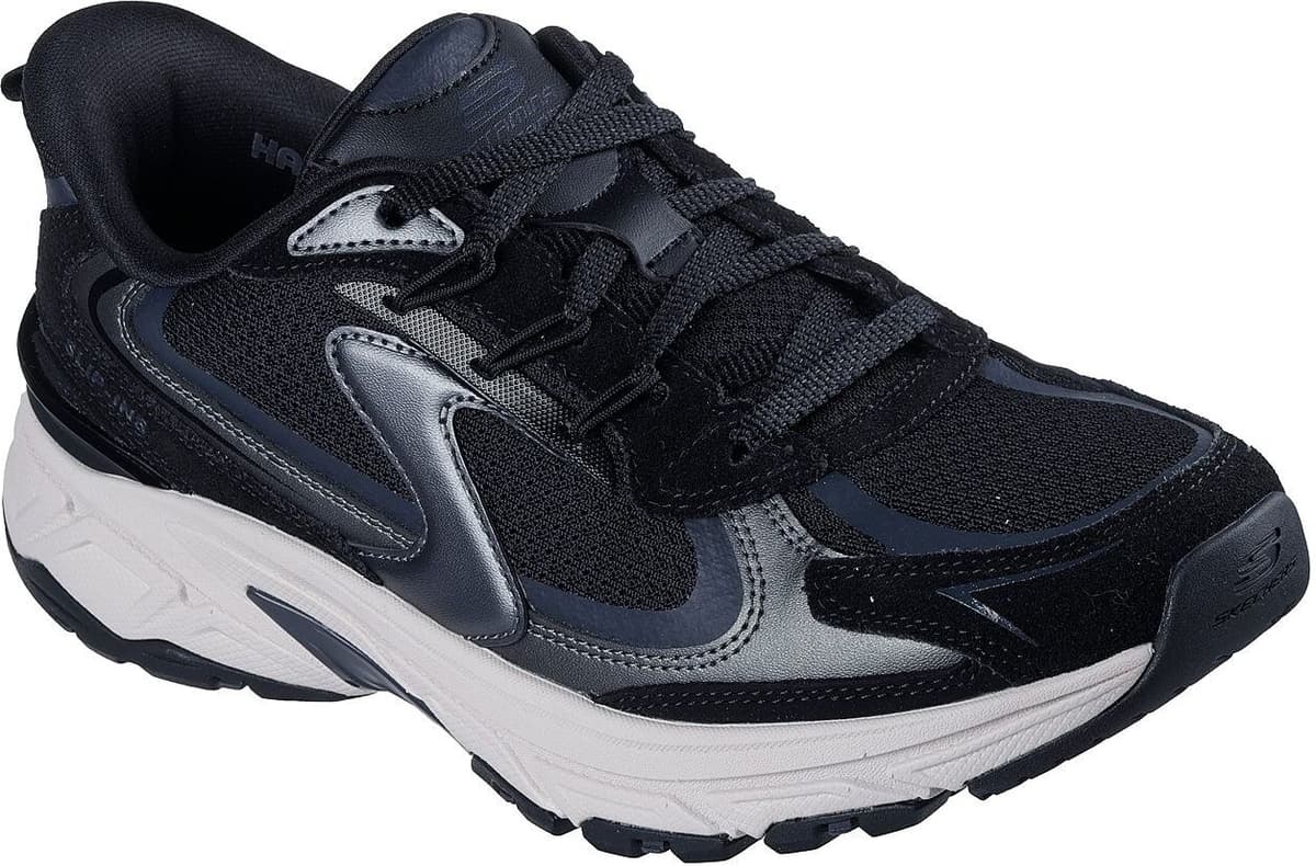 Slip-On Sneaker SKECHERS "STAMINA SPORT", Damen, Gr. 41, schwarz, Lederimitat, Mesh, Veloursleder, Schuhe Slip-On Sneaker, Retro Sneaker, Schnürschuh mit Metallic-Besätzen