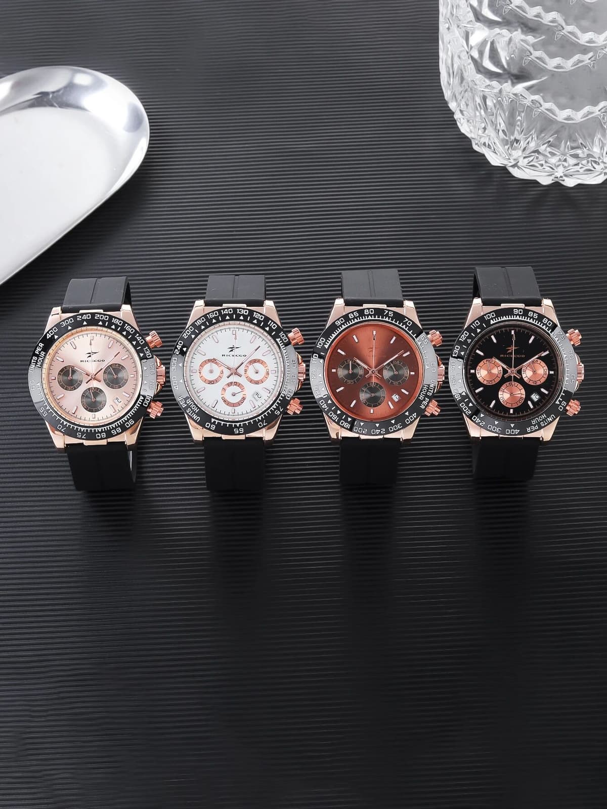 Ricecgo Three-Eye Six-Hand High-End Men's Watch, Quartz Watch, Multi-Function Chronograph Calendar, Rubber Wristwatch, , Suitable for Holiday Gifts