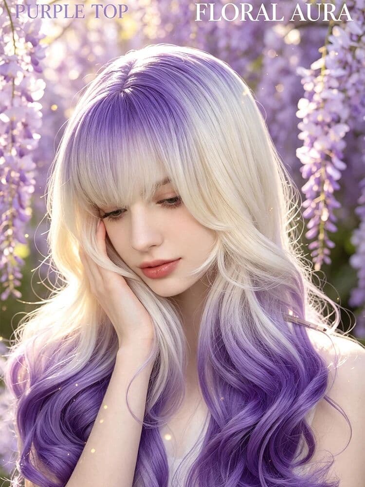 NONE Synthetic 24 Inch Milk White Gradient Violet Big Wave Curly Wig Halloween Cosplay Heat Resistant Fiber Hair Accessories