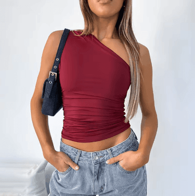 Inspire Picks One Shoulder Backless Slim Tank Candy Color Sexy Summer Top For Women claret s(us 4)
