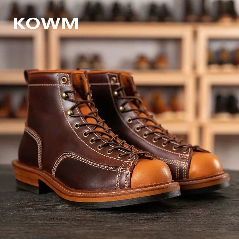 KOWM Hiking shoes men's cowhide boots walking boots trekking shoes thick soled ankle sneakers casual high top motorcycle boots