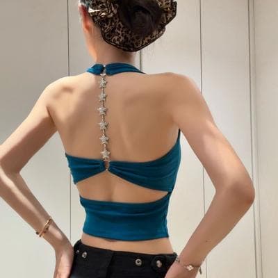 Daily Discovery Star Chain Backless Halter Top With Built In Pads Breathable Chain Cami Top For Women blue