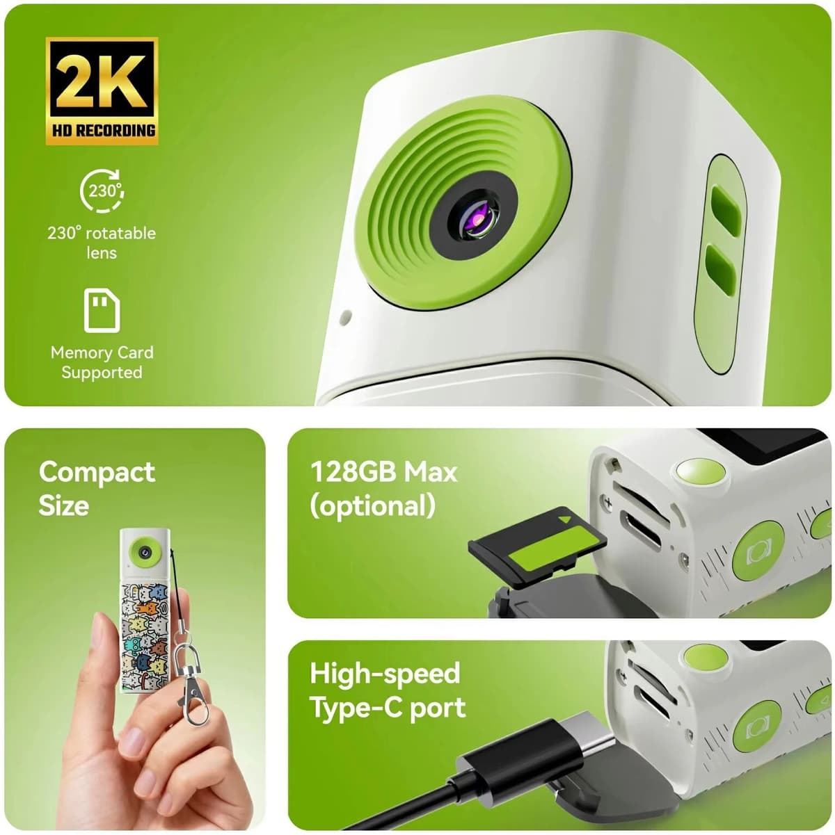 magecam Ourlife 2K Thumb Camera 230 ° Flip the Lens Mini Digital Camera Very Small Camcorder Video Recorder Portable Keychain Camera