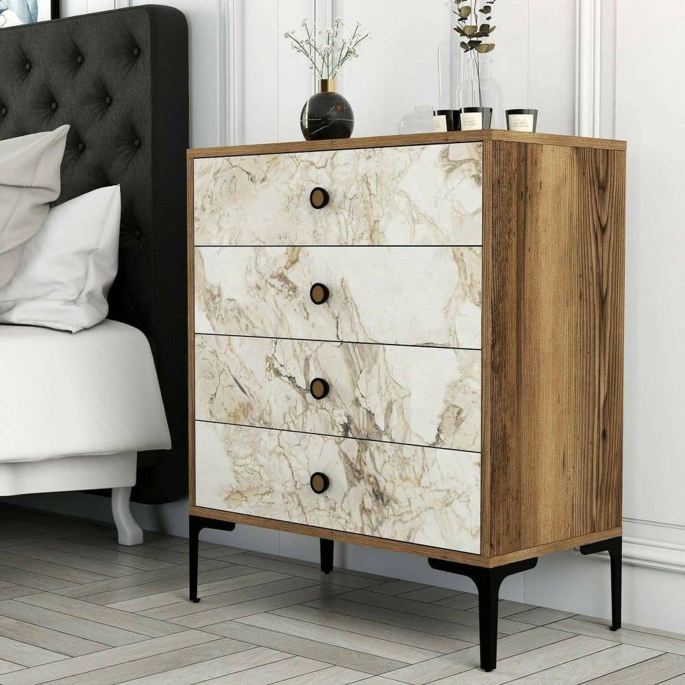 Dmora Cajonera efecto madera nogal, mármol blanco 76x40  cm