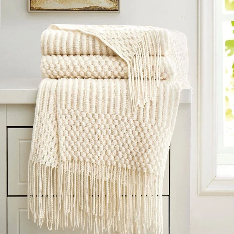 inyahome Cream White Oversized Knitted Blanket with Tassel Cozy Farmhouse Sofa Bed Nordic Style Plaid Throw Blankets for Summer Gift
