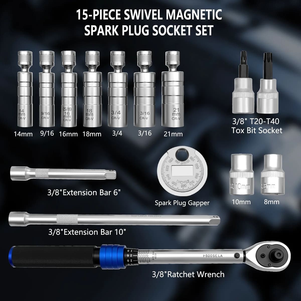 ZKTOOL 15pcs spark plug socket wrench adapter magnetic, 12 angle with ratchet wrench, spark plug gapper and extension rod