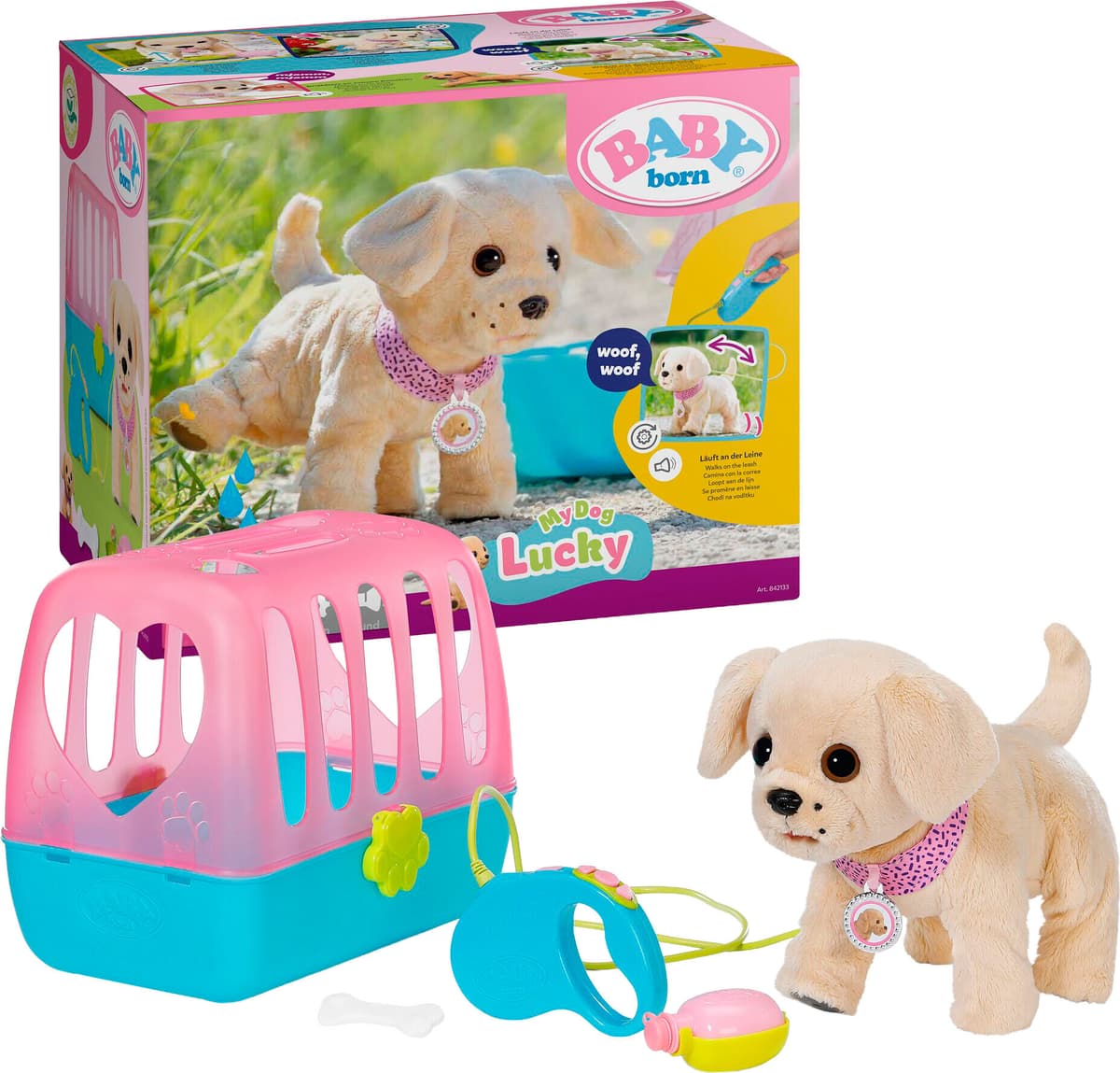 Plüschfigur BABY BORN "Mein Hund Lucky mit Box", natur, Plüschfiguren, KinderB:20cm H:26,5cm T:30cm, Plüschfigur, mit Funktion, B:20cm H:26,5cm T:30cm