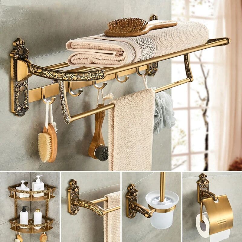 WJNMONE Antique Bathroom Hardware Set Wall-mounted Towel Rack Toilet Brush Rack Hair Dryer Rack Soap Dish Shower Corner Rack Accessories