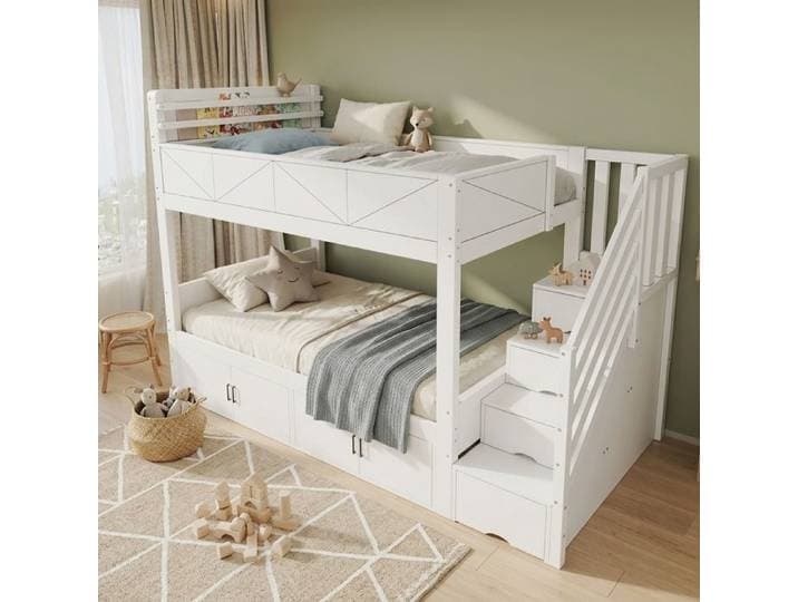 Lit Superposé Blanc 90x200cm avec Rangement Escalier Sécurité EN747 Modulable et 140kg - Bois massif et MDF - pour Enfant Ado