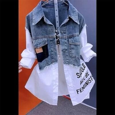 Uplift Essentials Casual Denim Shirt For Women Splicing Jean Jacket Lightweight Spring Autumn Top l style 1