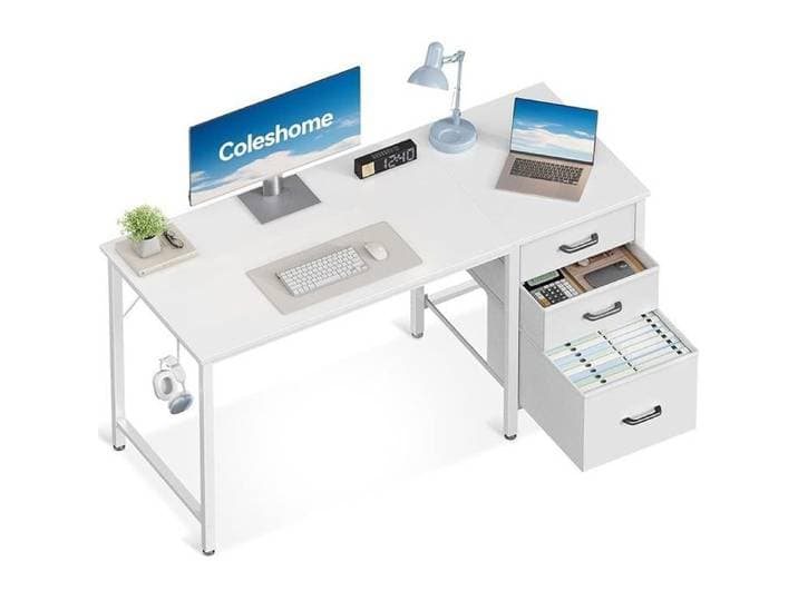 Bureau avec 3 Tiroirs en Tissu 120x48cm Bureaux Informatique avec Porte-Casque Blanc Bureau D'ordinateur Réversible pour Petit