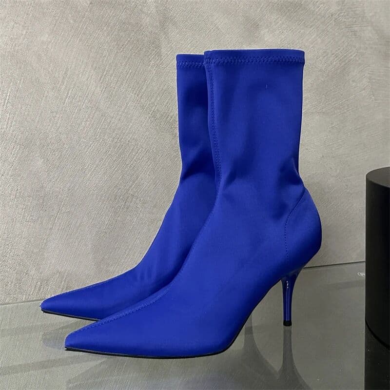 NONE 2027  Spring Autumn Stretch Fabric Women Ankle Boots Sexy Pointed Toe High Heels Fashion Female Socks Pumps Shoes