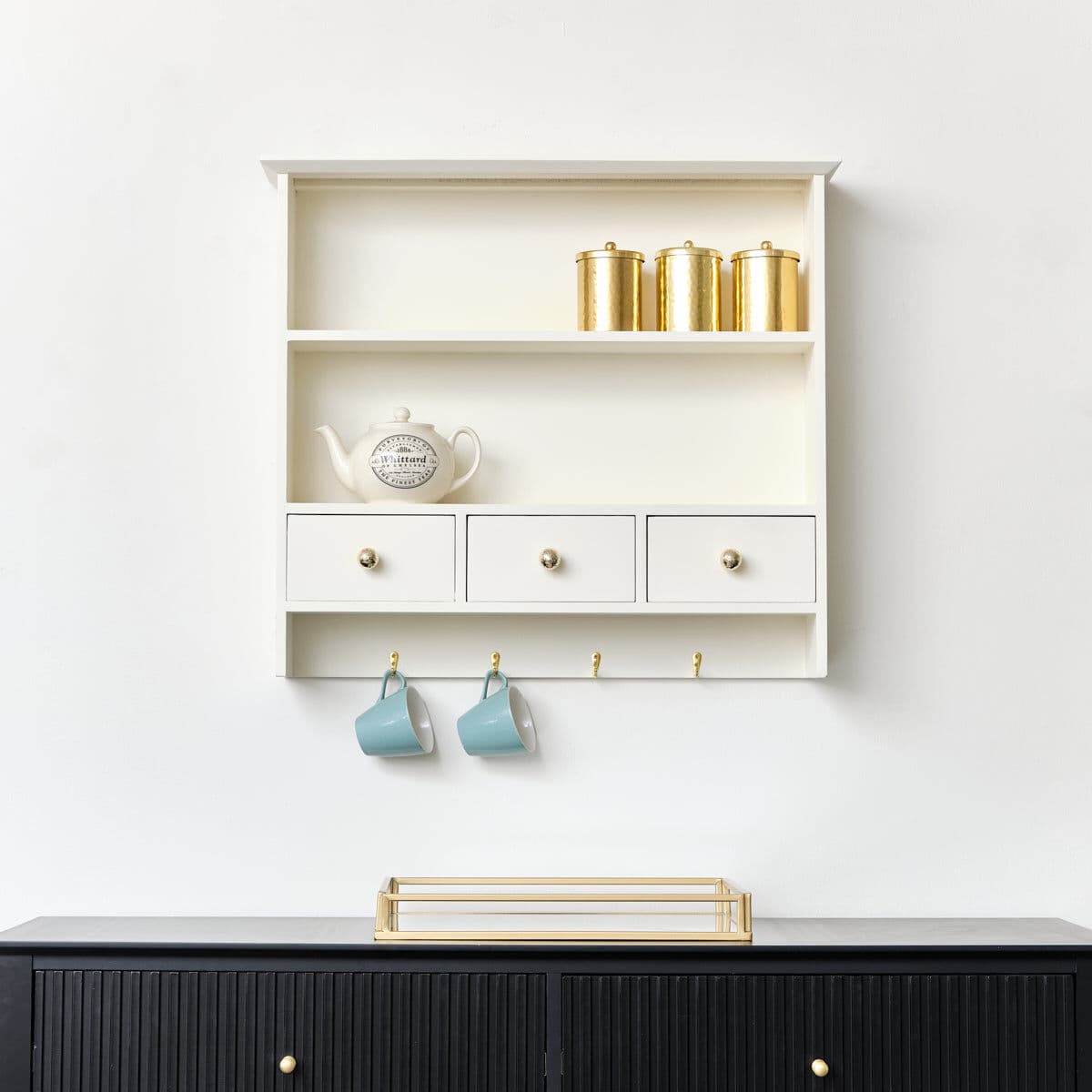 Large Ivory Wall Shelf Unit with Drawer Storage and Hooks Wood, Metal