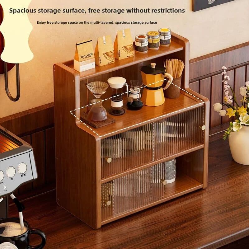 NONE Moso Bamboo Dustproof Cup Organizer, Multi‑functional Tabletop Display Cabinet, Coffee Tea Mug Storage Rack for Home Kitchen