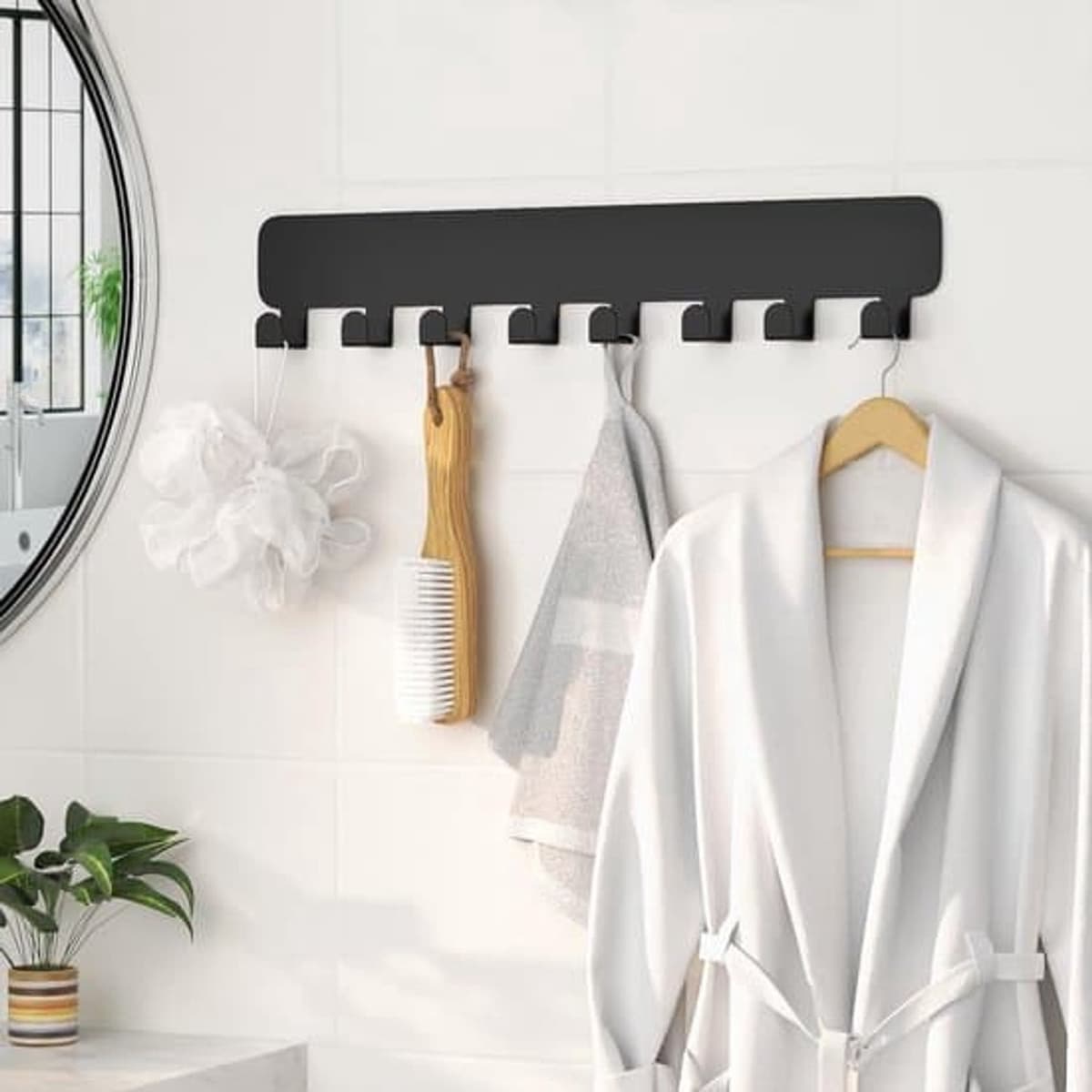 Zwart RVS Wandhaakrek met 5 Ophanghaken, Breedte: 40 cm, Roestbestendige Wandkapstok voor Badkamer, Keuken of Hal
