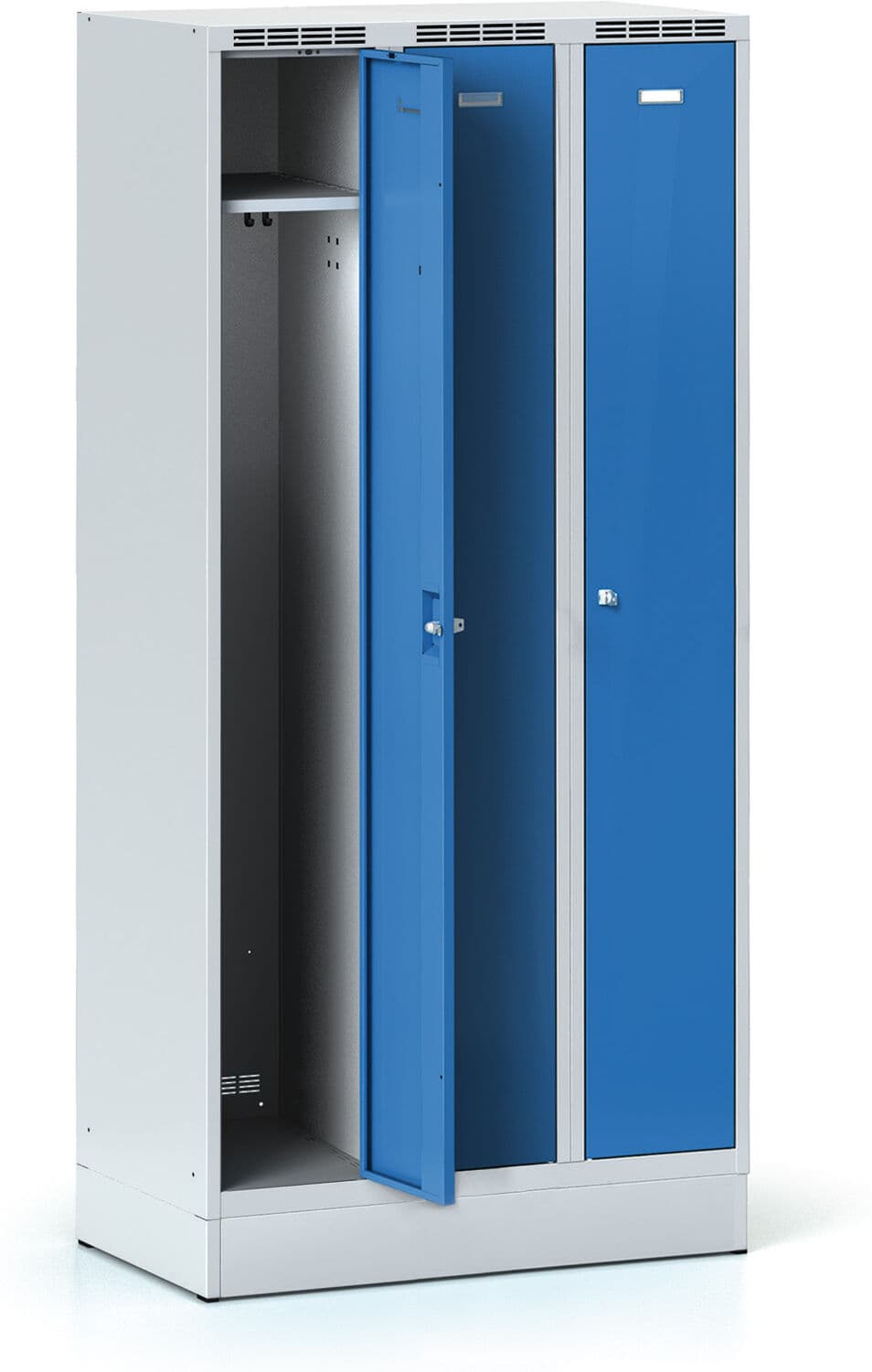 B2B Partner Metalowa szafka ubraniowa S7 na cokole, 3-drzwiowa, 1904 x 900 x 500 mm, zmontowana, zamek cylindryczny, drzwi szare