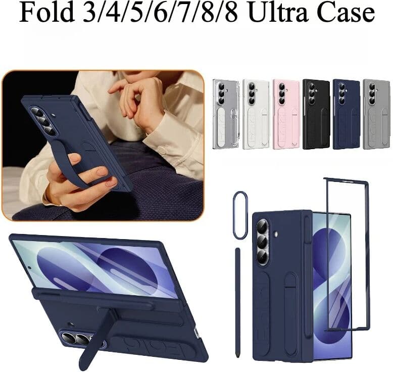 ZHUOHUAN For Samsung Galaxy Z Fold 8 Ultra 7 6 5 4 3 Case With Wrist Strap Kickstand Hinge Protection Screen Protector Phone Cover Shell