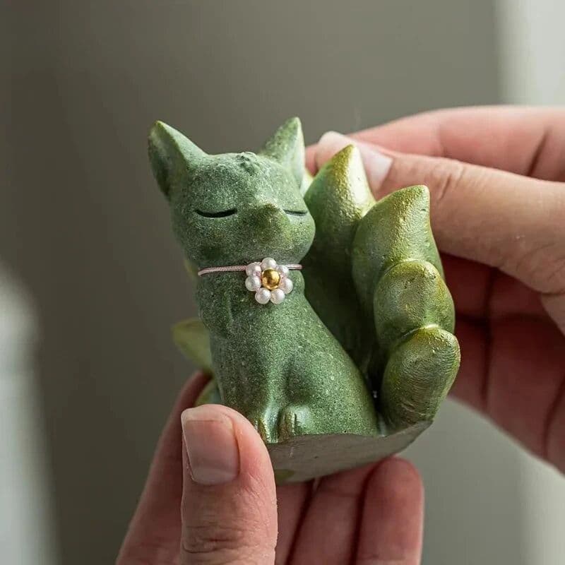PDQ Little Spirit Green Sand Stone Nine-tailed Fox Tea Pet Boutique Fish Tank Landscaping Tea Figurine Play Toys Tea Statue Ornament