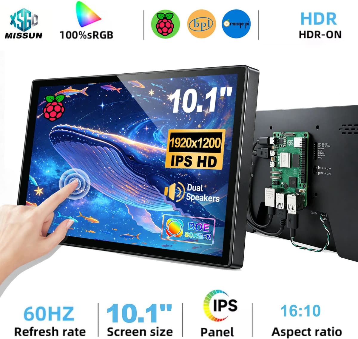 HOWENS 10.1' Raspberry Pi5 4/3B Touchscreen Monitor 1920x1200 IPS Display DC 12V HDMI RPI for Raspberry Pi Industrial CCTV 75*75mm VESA