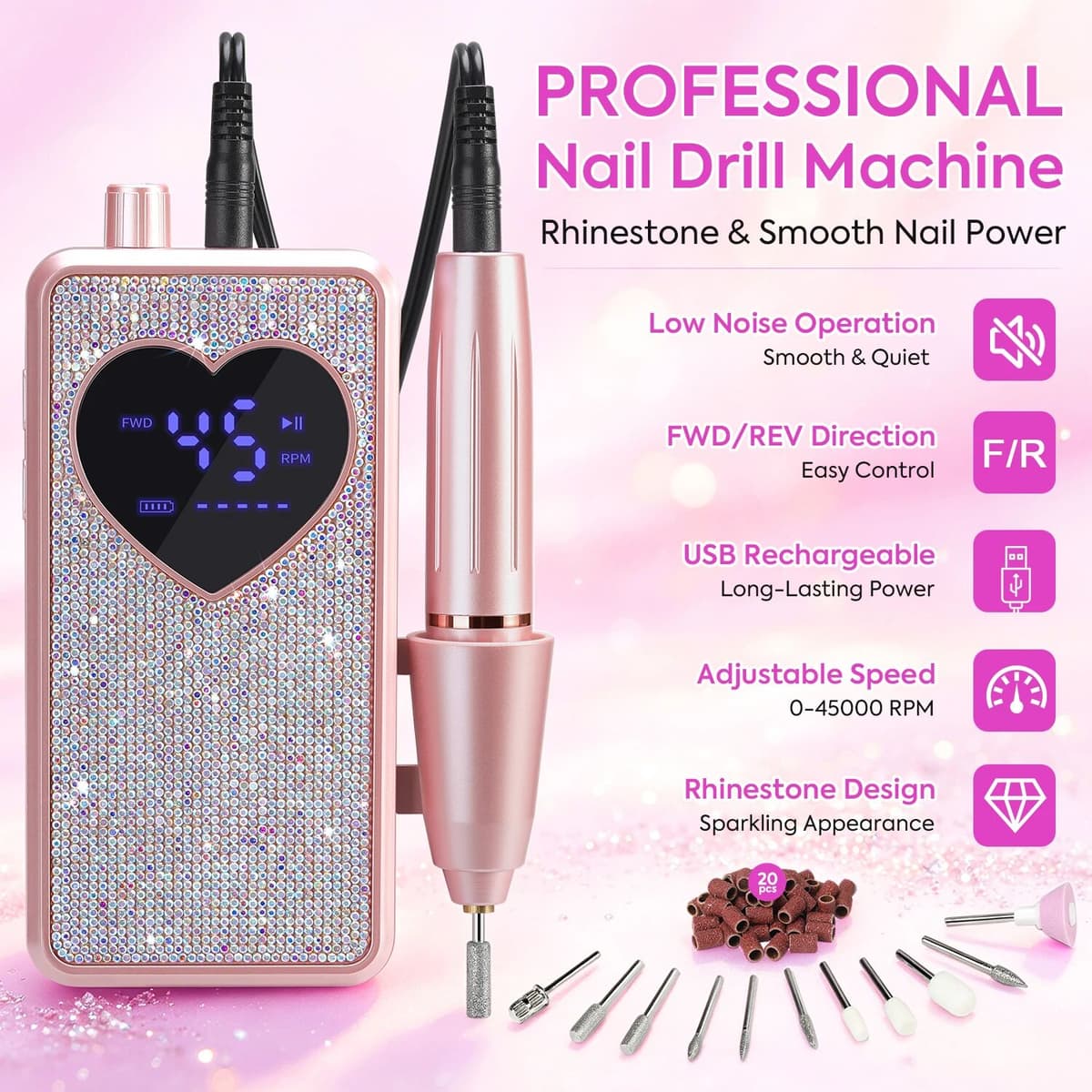 NONE 45000RPM Electric Nail Drill Machine, LCD Display, Forward Reverse, Type-C Rechargeable, Manicure Pedicure Tool