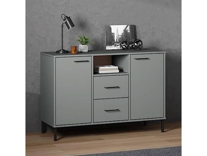 HEFZGDB Praktisches Sideboard mit Fächern und Schubladen, viel Stauraum und Metallfüßen aus massivem Kiefernholz im industriellen Design mit robuster, Stabiler Oberplatte in Grau