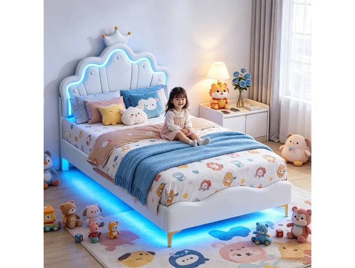 Lit pour enfants Superaly 90x200cm, lit rembourré en cuir PU avec LED, lit simple, lit pour filles, lit princesse avec tête de lit réglable, cadre de lit, blanc