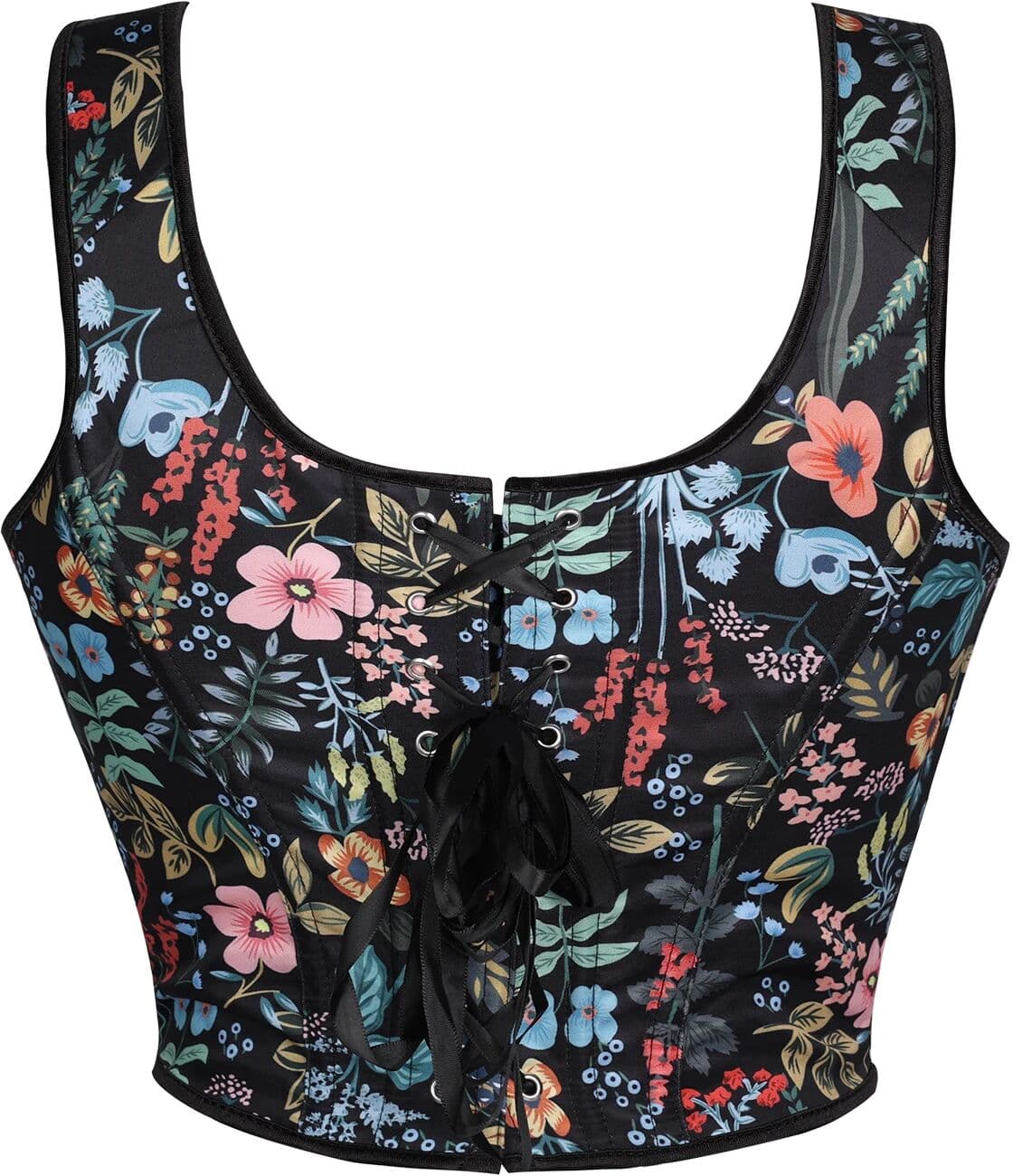 NONE Women Vintage Floral Print Corset Top Square Neck Tie Strap Bustier Waist Cincher Crop Top For Party Festival