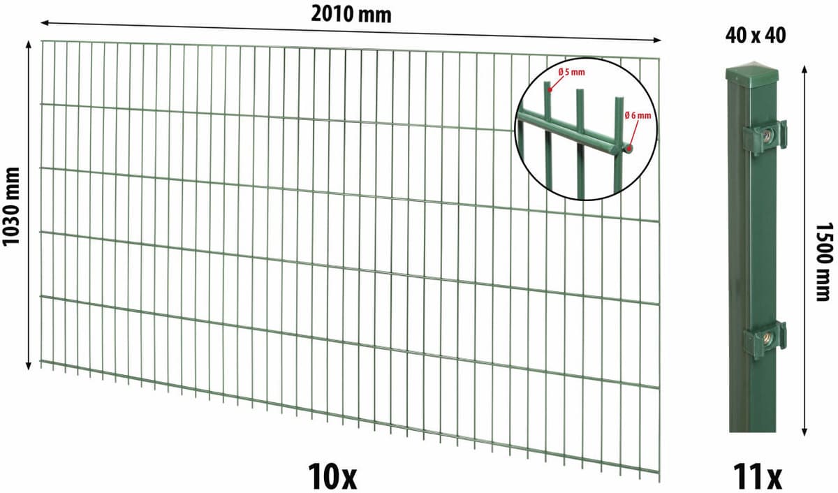 Floraworld Doppelstabmatten-Zaun Set Comfort 20 m 201 x 103 cm inkl. 11 Pfosten 150 cm moosgrün