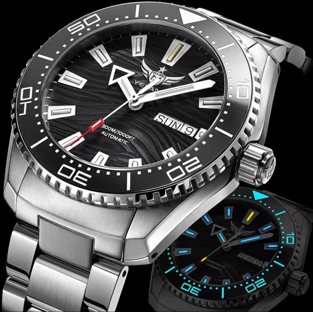 YELANG Men Automatic Watch 43.8mm Mechanical Wristwatch Luminous Tubes Sapphire Mirror Diver 30Bar Waterproof SW200 Military