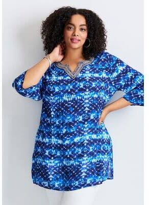 Plus Size Women's Beaded Embellishment Tunic by Avenue in Blue Tie Dye Medallion (Size 20)