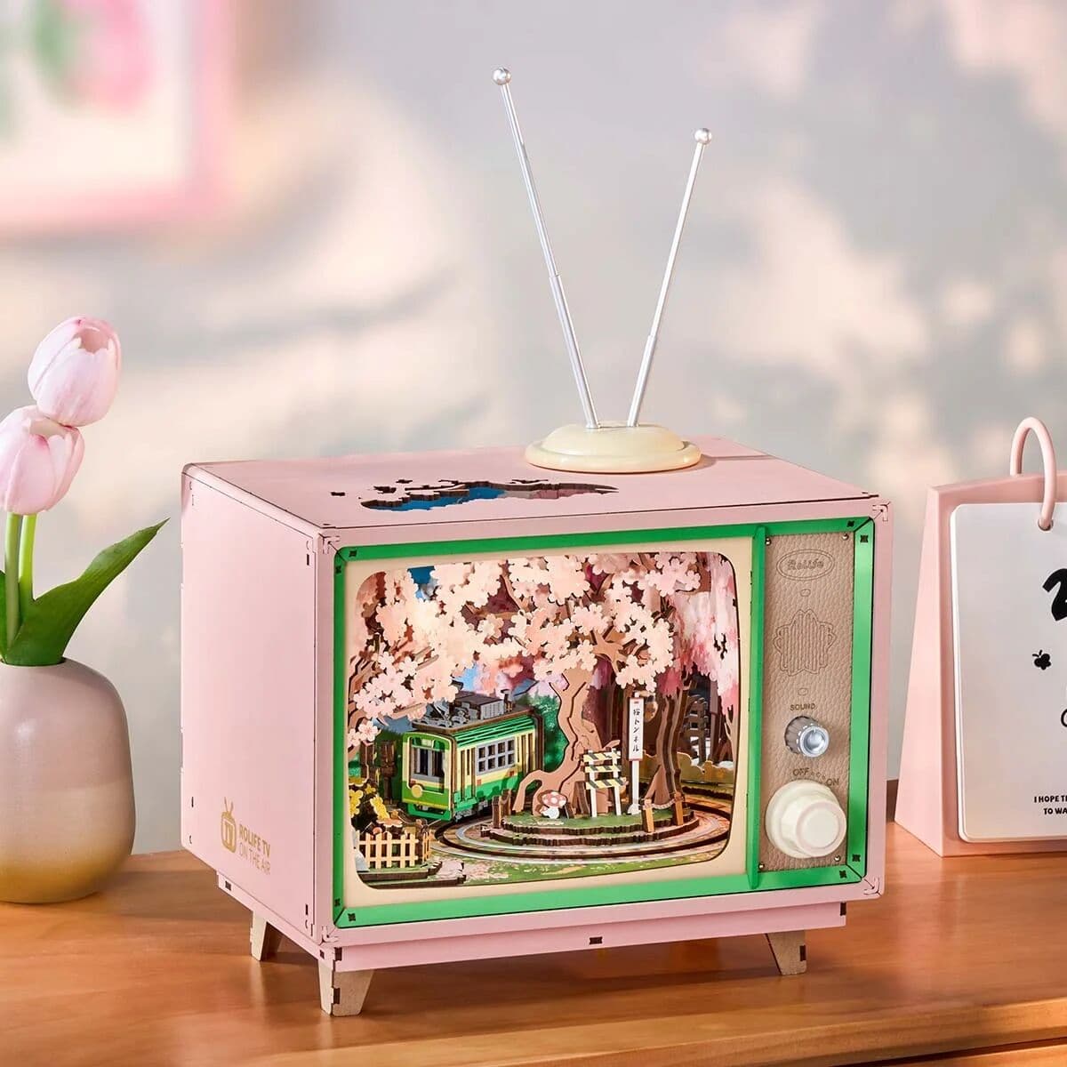 Robotime Sakura Dreamy Tour AMT02 DIY Music Box 3D Wooden Puzzle Book Nook TV Model Kits Home Decoration Birthday Gift