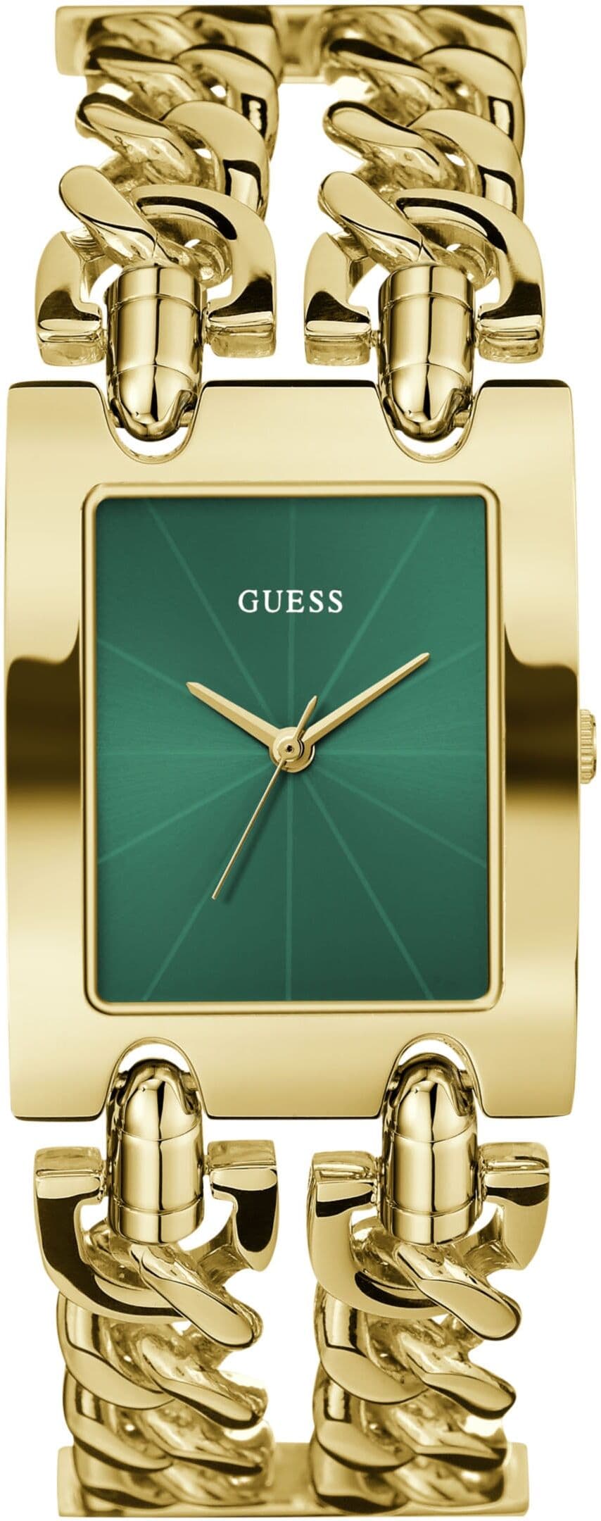 Quarzuhr GUESS "HEAVY METAL", gold (goldfarben, grün, grün), Armbanduhren, Damen, gelbgoldfarben, Quarzuhr, Armbanduhr, Damenuhr, Edelstahlarmband, analog