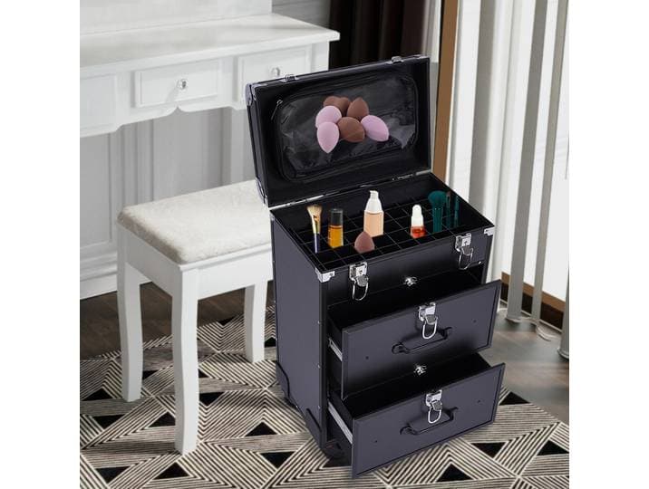 Mallette de maquillage roulante, boîte de rangement de cosmétiques de voyage avec séparateurs, chariot à cosmétiques avec serrure, organisateur de rangement de cosmétiques
