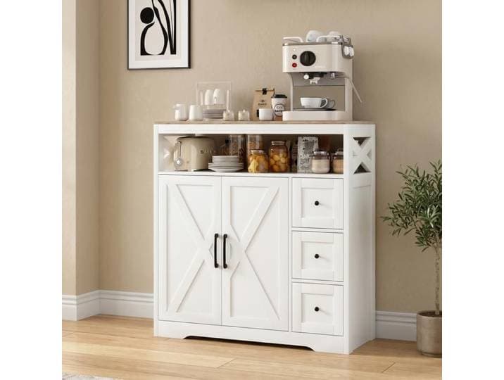 Buffet Armoire de Cuisine avec 2 Portes et 3 Tiroirs Armoire Multifonction Buffet avec Etagères Ouvertes Blanc Pour Salon Cuisine