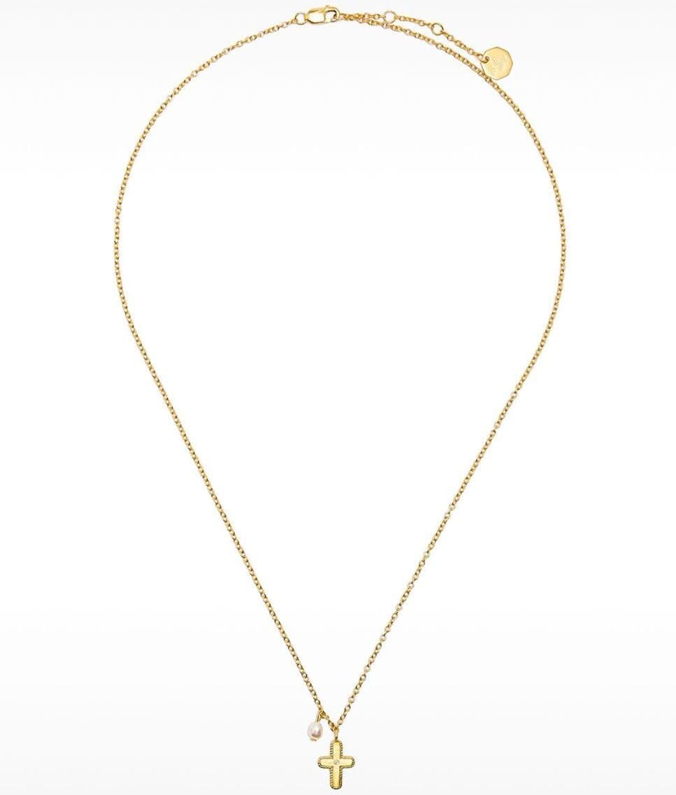 Parfois Collar de plata de ley con medalla de cruz y perla. Dorado