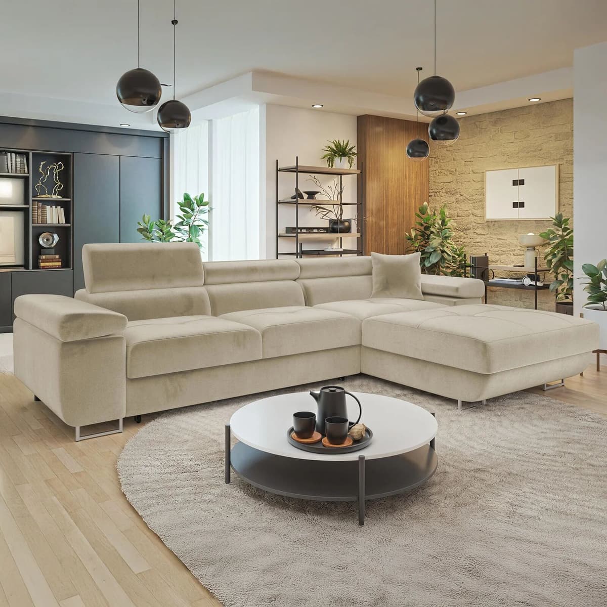 garneroarredamenti Divano letto con angolo a destra 4 posti 280x170cm box contenitore vellutato beige Elvio