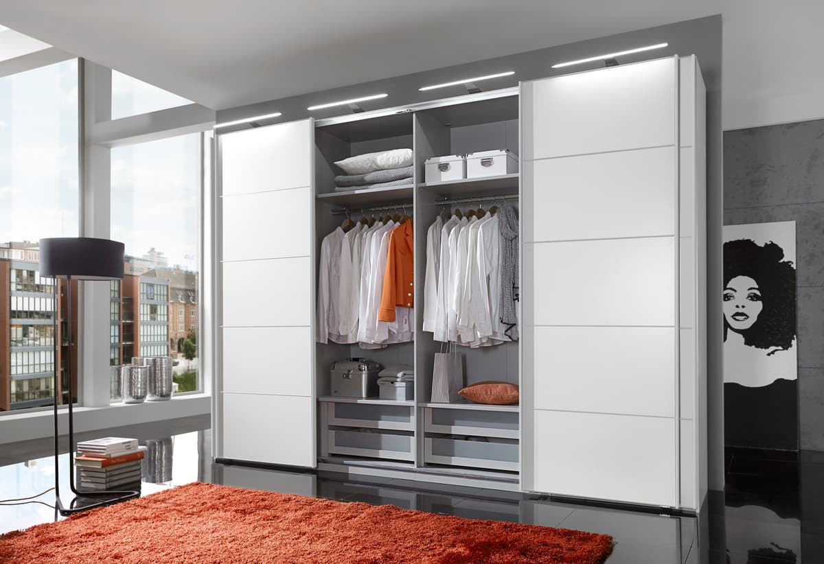 Schwebetürenschrank WIEMANN "Westside", weiss (weiß), B:330cm H:236cm T:67cm, Schränke, Schwebetürenschrank weiß B/H/T: 330cm x 236cm x 67cm, Türen: 4 Stk. Dekorfront
