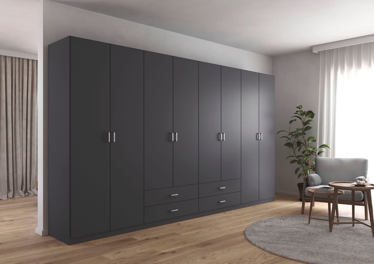 Drehtürenschrank RAUCH "Kleiderschrank Garderobe GAMMA Breiten 360 cm", grau (graumetallic, griffe alu), Schränke, Kinder, B/H/T: 360cm x 210cm x 54cm, Premium, Holzwerkstoff, Drehtürenschrank, mit Schubladen, verschiedene Griff-Varianten TOPSELLER MADE I