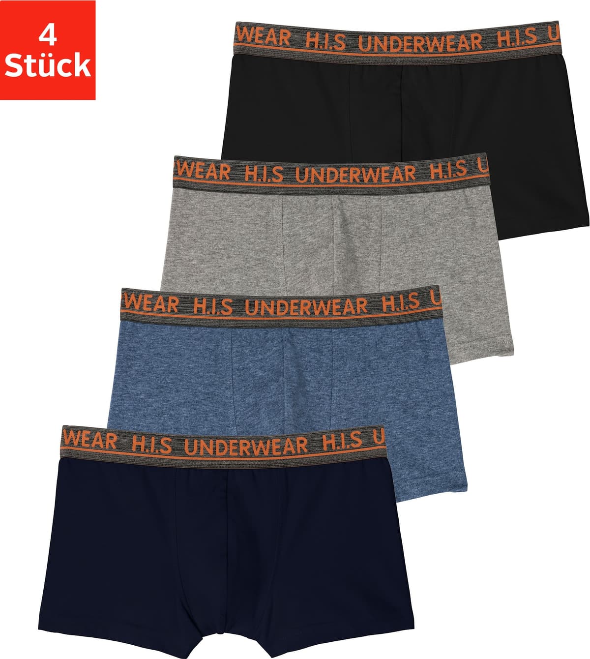 Boxer H.I.S "Boxershorts für Jungen", Jungen, Gr. 182, 4 Stk., blau (navy, grau, meliert, blau, meliert, schwarz), Jersey, Obermaterial: 95% Baumwolle, 5% Elasthan, unifarben, körpernah, Unterhosen Boxer, unifarben, mit Logobund, Baumwollmischung navy, gr