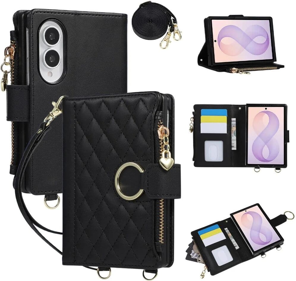 SZMUGUA Quilted Zipper Wallet Case For Samsung Galaxy Z Fold 8 Ultra 7 6 5 4 3 5G Crossbody Strap Flip Leather Card Holder Phone Cover