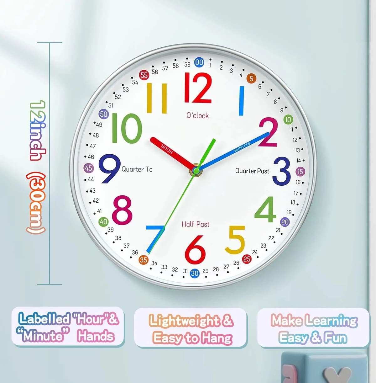 NONE 12 Inch Early Education Wall Clock Round Wall Clock Modern Children Educational Hanging Kids Room Silent Colorful Decorati Clock