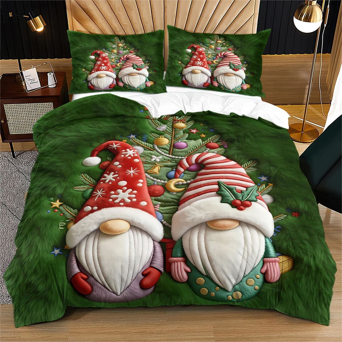 NONE Green Christmas Gnome Duvet Cover Set Soft Microfiber All Season Bedding Premium Christmas Gift for Family