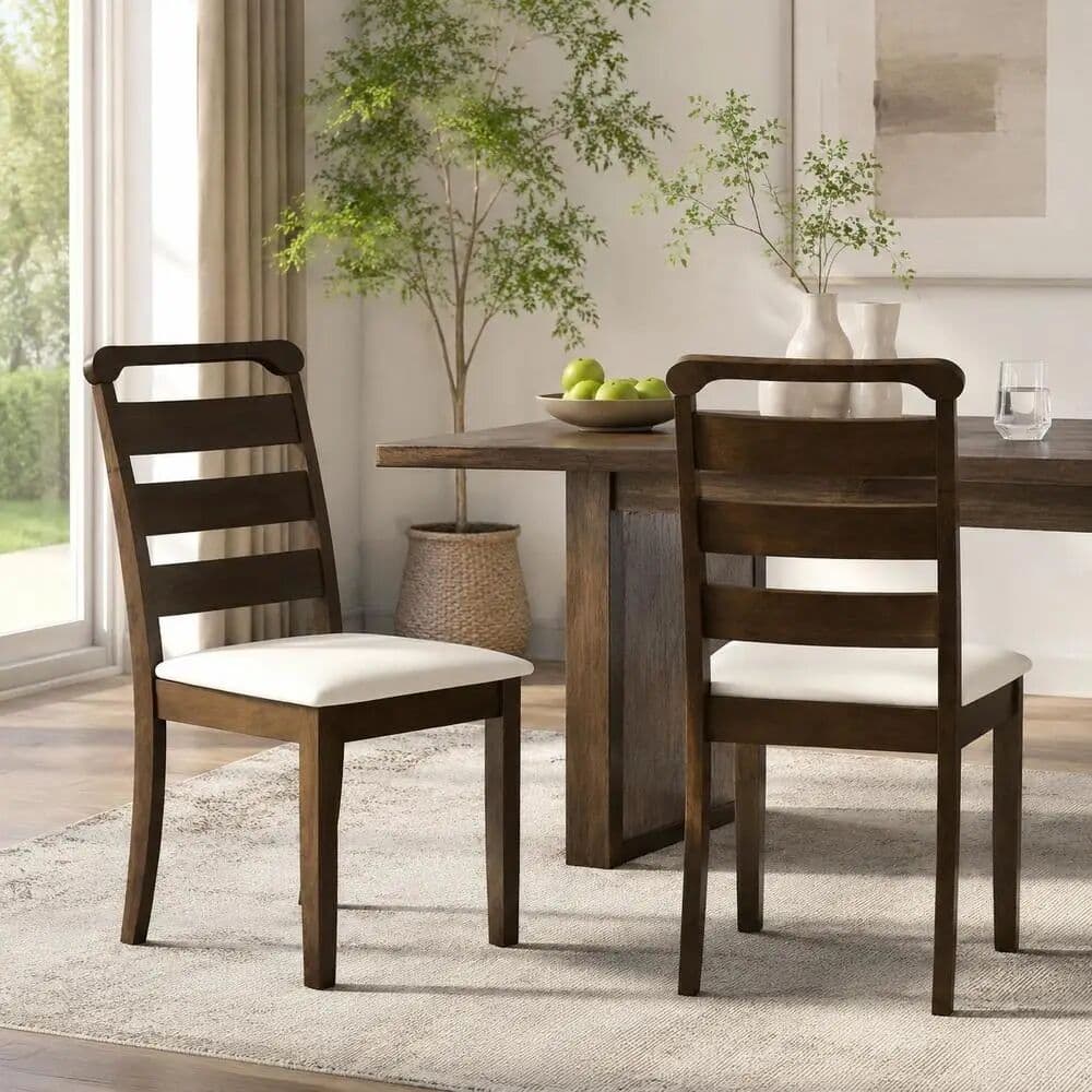 NONE Polyester Upholstered Dining Chairs Set Of 2 With Walnut Rubber Wood Frame Curved Backrest Ladder Back Padded Seat 180 kg Capacity For Dining Room Study Coffee Shop Restaurant Apartment Small Space