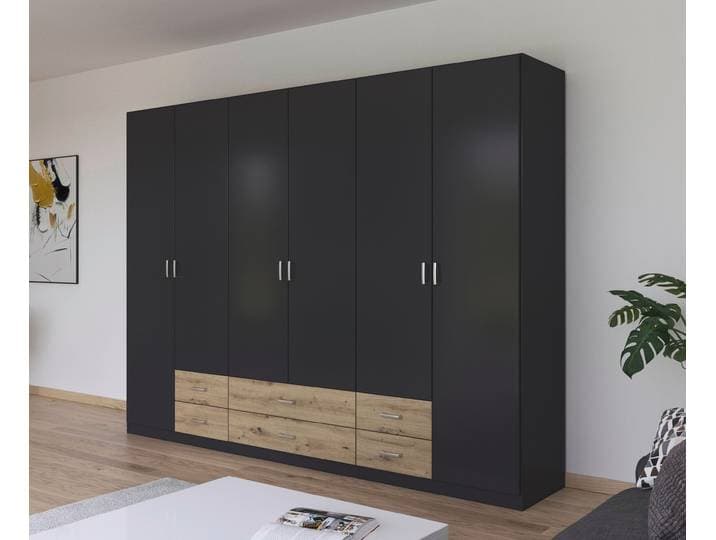 Drehtürenschrank RAUCH Kleiderschrank Garderobe GAMMA Breiten 271 cm , grau (graumetallic, eiche artisan, griffe alu), Schränke, Kinder, B/H/T: 271cm x 210cm x 54cm, Basic, Holzwerkstoff, Drehtürenschrank, mit Schubladen, verschiedene Griff-Varianten TOPSELLER MADE IN GERMANY, B:271cm H:210cm T:54cm