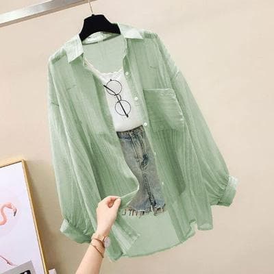 Perfect Picks Market Elegant Summer Sunscreen Chiffon Blouse Casual Women See Through Cardigan green m