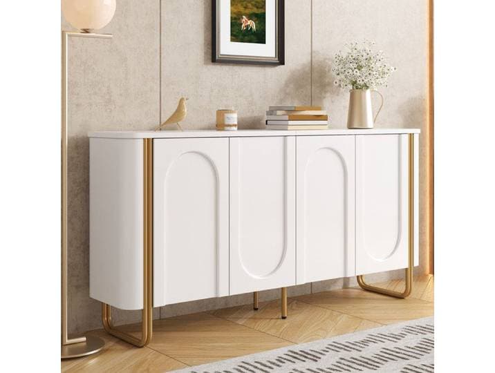 Buffet Bas 4 Portes à Ouverture par Pression 4 Compartiments - YEAVIO - MDF Pieds Métal Blanc et Doré 160×35×80 5 cm